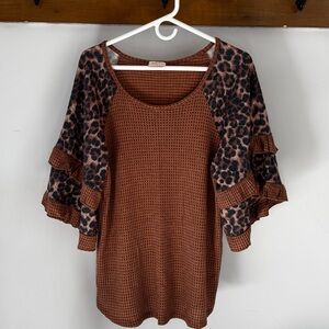 Hailey & Co. Waffle Knit Top with Leopard Sleeves & Ruffles